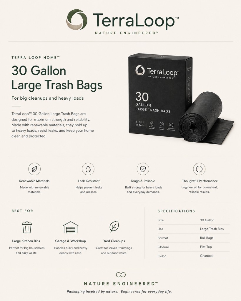 100% Compostable Trash Bags — 30 Gallon · Large bins & heavy loads