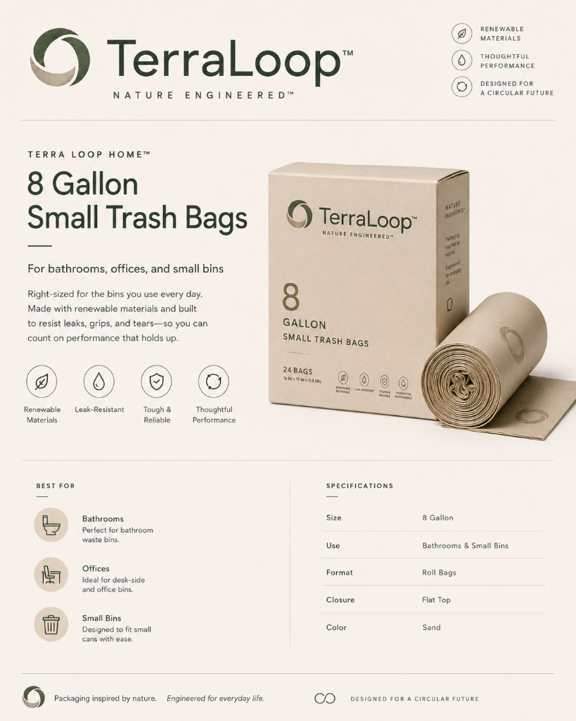 100% Compostable Trash Bags — 8 Gallon · Bathrooms, offices & small bins